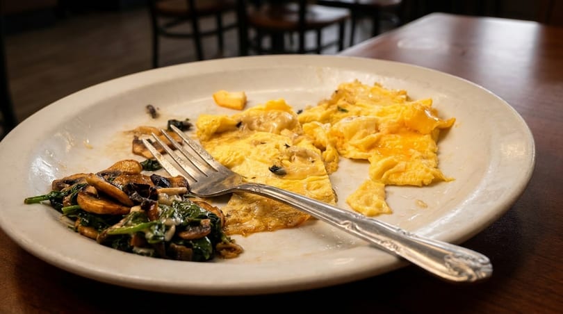 A partially eaten plate of scrambled eggs, mushrooms, and spinach with a fork on a wooden table.