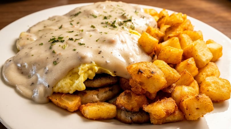 Biscuits and gravy with scrambled eggs and crispy home fries on a white plate.